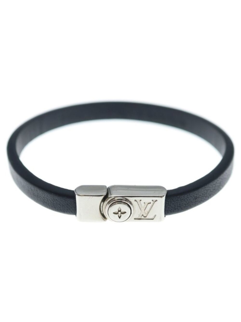 Louis Vuitton Bracelet Flower Edge Leather Black Silver